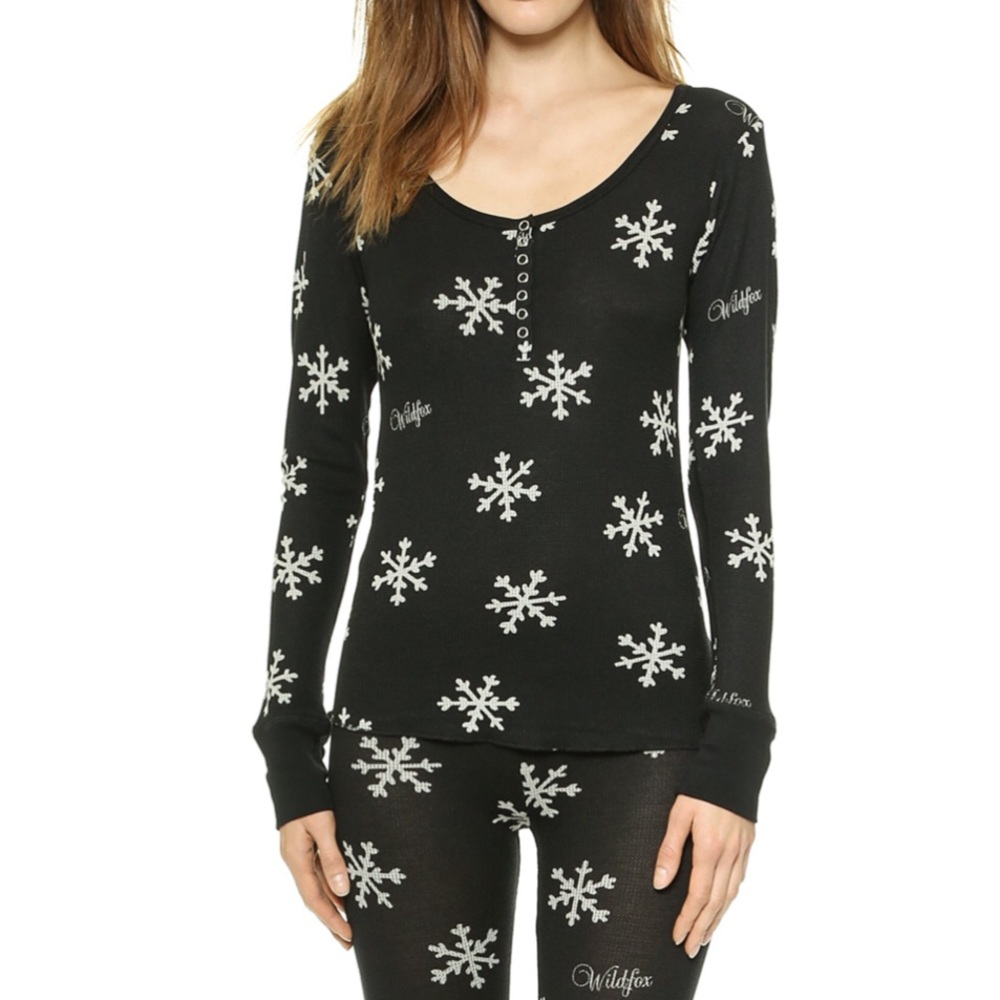 Wildfox Black Snowflake Pattern Thermal Shirt Top - image 1